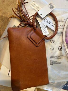 Braided Handle Vegan Wristlet Clutch - Cognac Brown